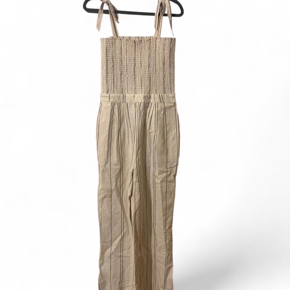 Shabby Chic Beige Smocked-Strap Wide Leg Jumpsuit Artsy Boho